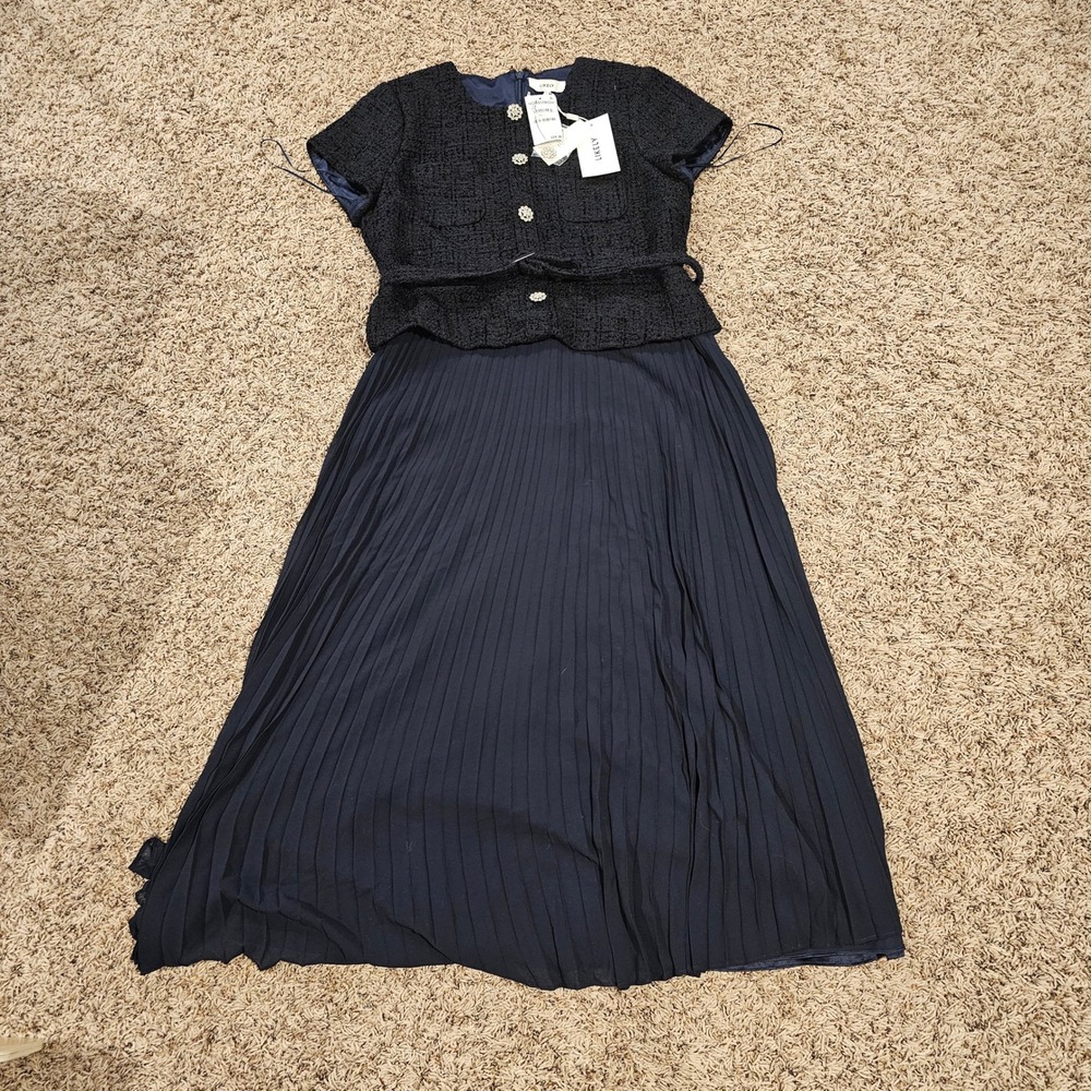 IKELY Pamela Tweed Pleated Midi Dress Crystal Buttons Navy Size 14 YD25286831Y